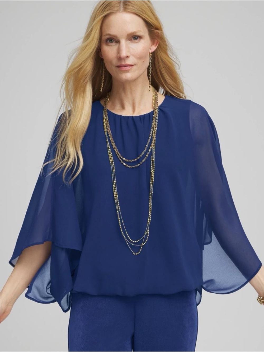 Chico's Blue Travelers Collection Bubble Hem Sheer Batwing Sleeve Chiffon Blouse
